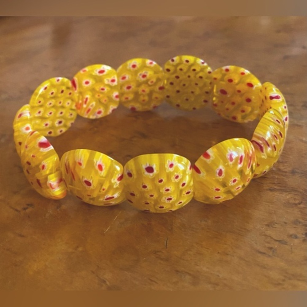 Enamel Yellow w/Tiny Flowers on Double Elastic Vintage 8" Bracelet - Picture 3 of 5
